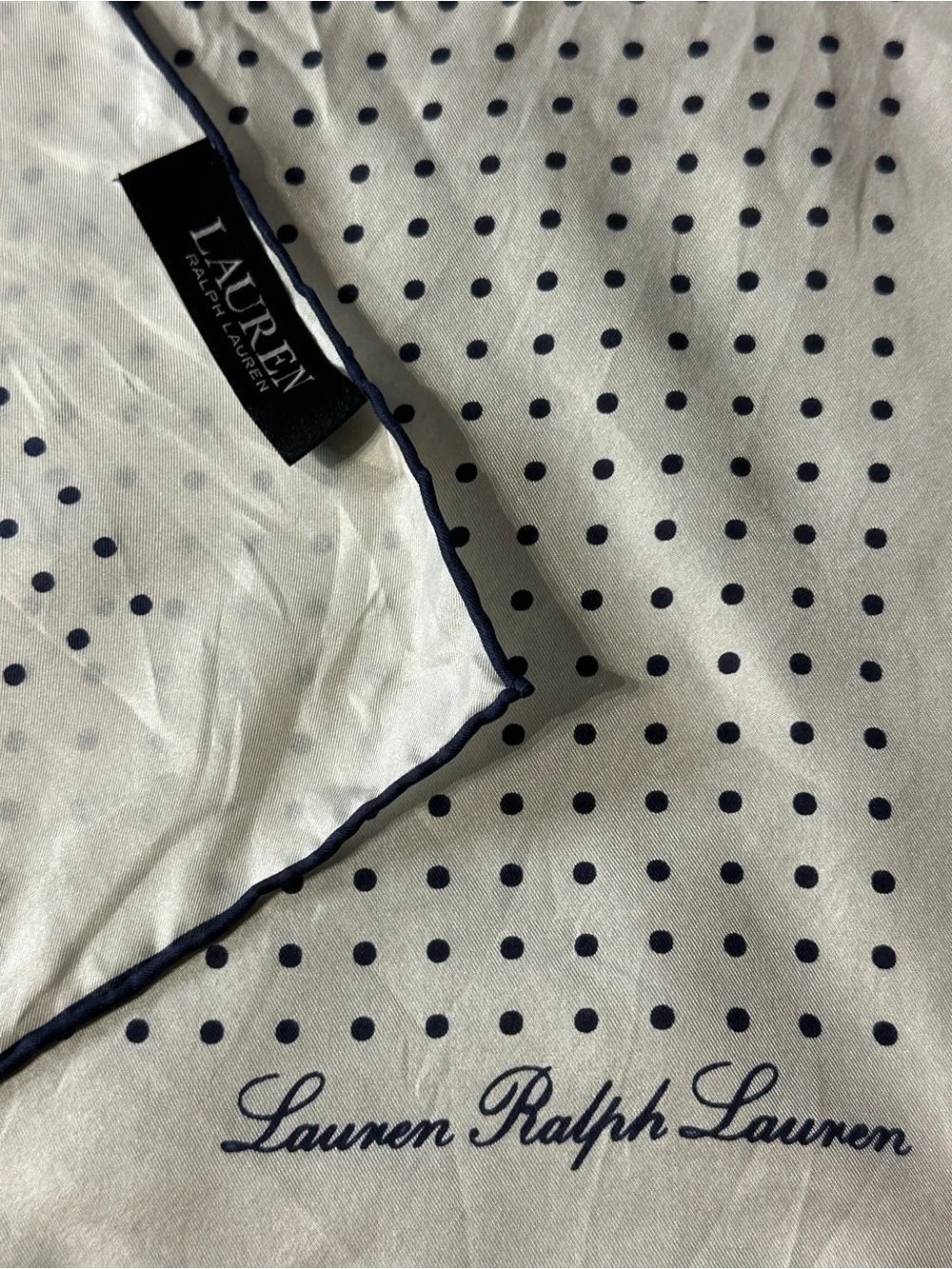 Ralph Lauren Cream and Navy Polka Dot Square Scarf  22” x 22”